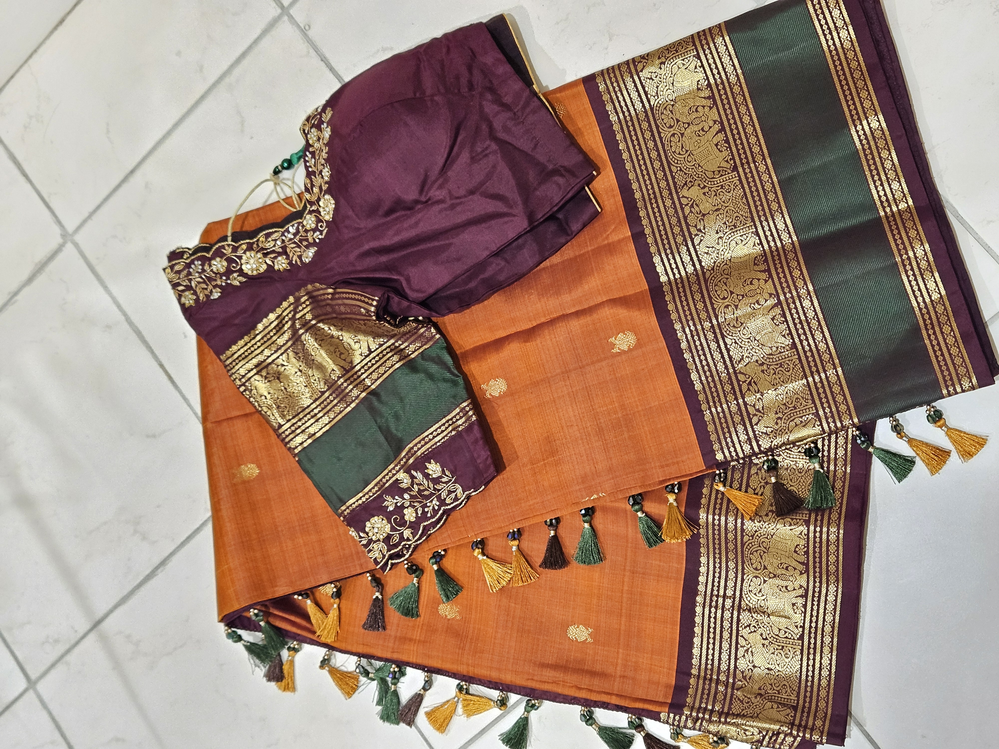Rust Orange & Brown Pure Zari Kanchipuram Silk Saree - Handwoven Elegance - product image