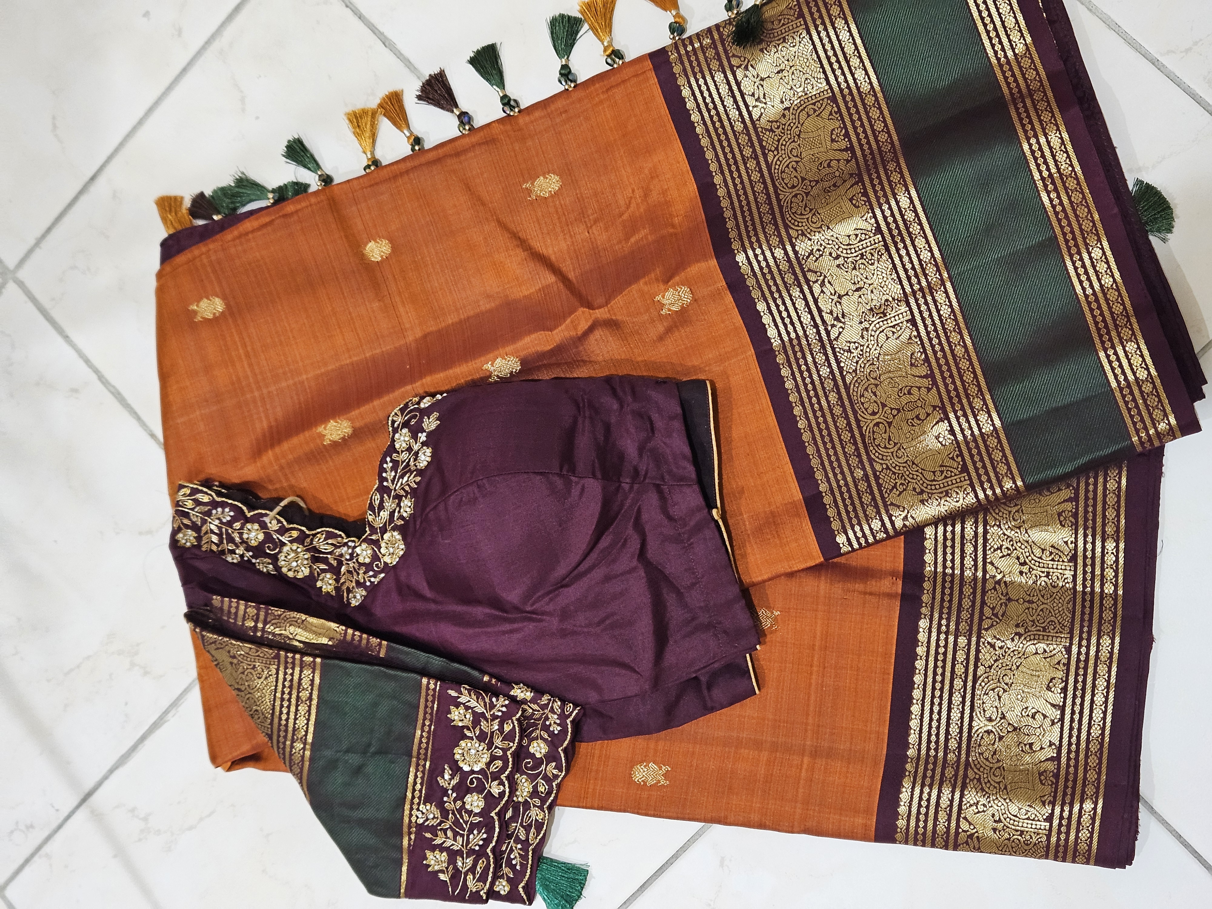 Rust Orange & Brown Pure Zari Kanchipuram Silk Saree - Handwoven Elegance - product image