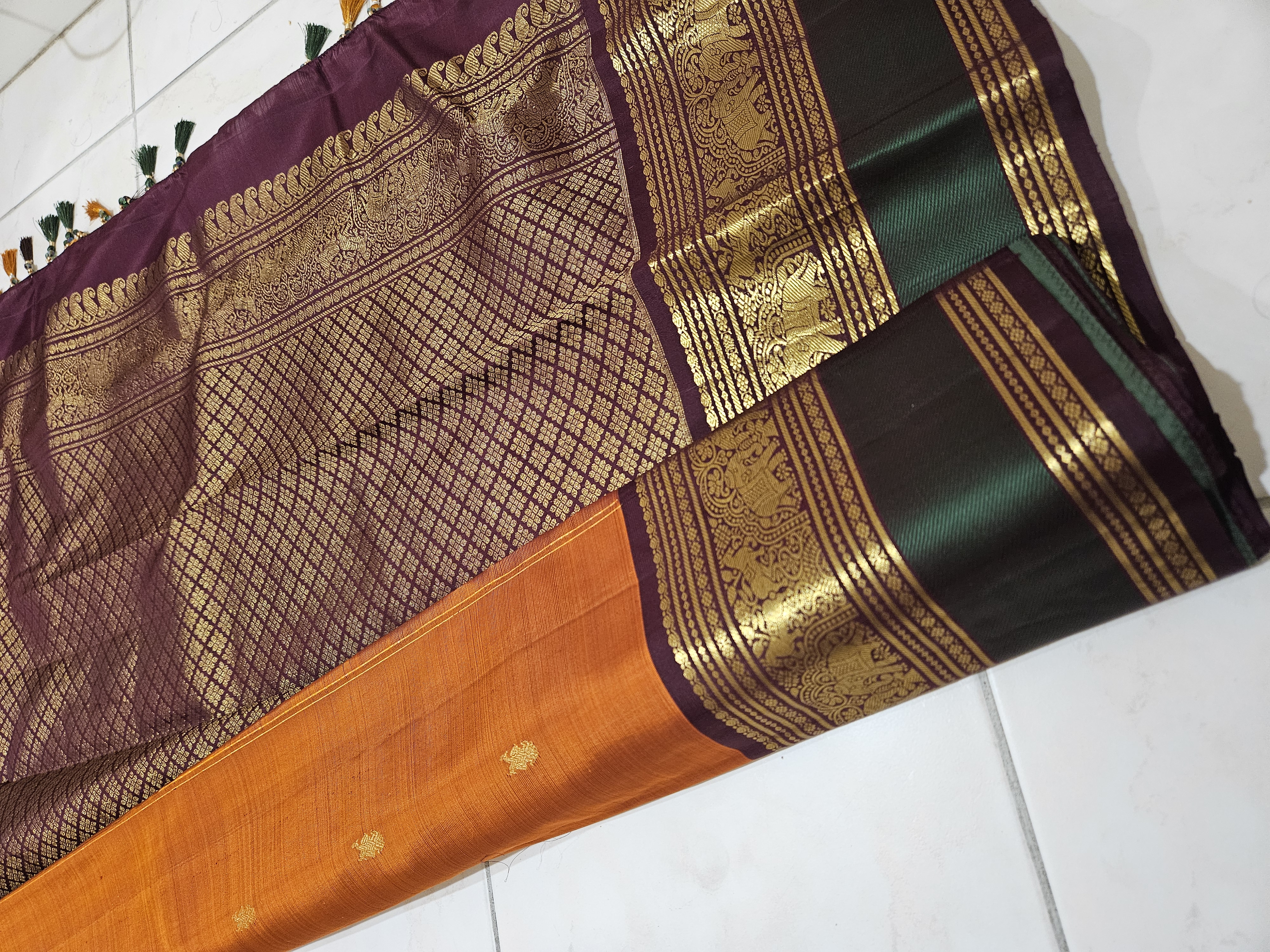 Rust Orange & Brown Pure Zari Kanchipuram Silk Saree - Handwoven Elegance - product image