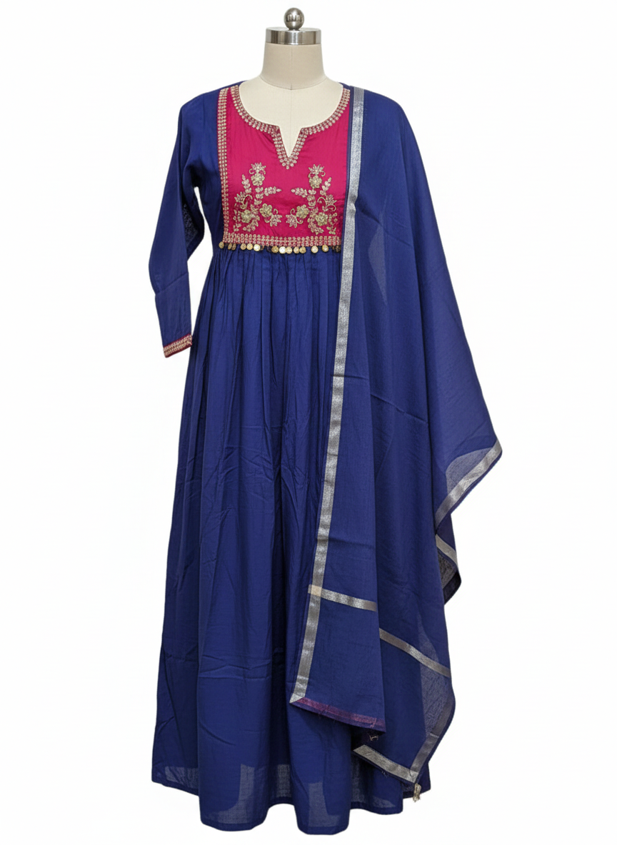 Indigo Blue Mul Chanderi Suit with Pink Embroidered Yoke & Gold Coins - product image