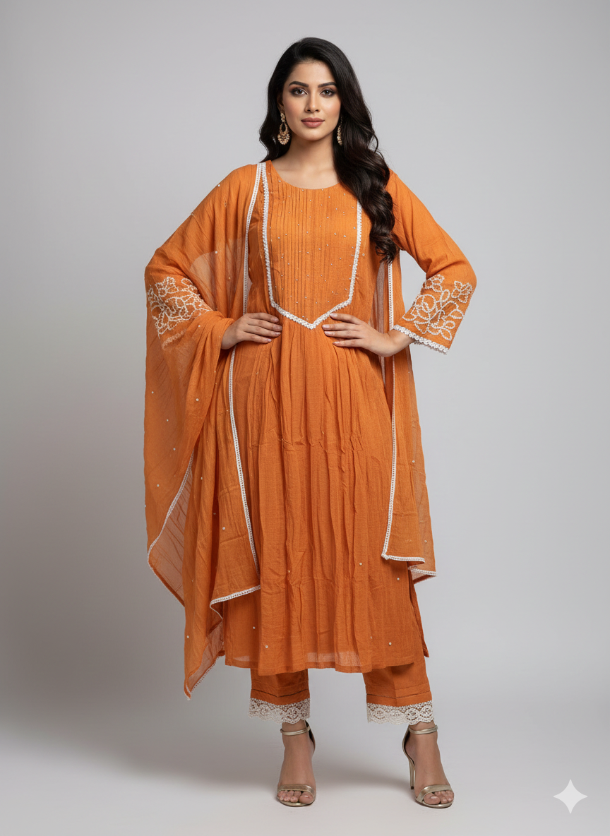 Burnt Orange Silk Kurta Set with Dupatta - Ethnic Festive Wear - ethnic Indian fashion from Swathi Design