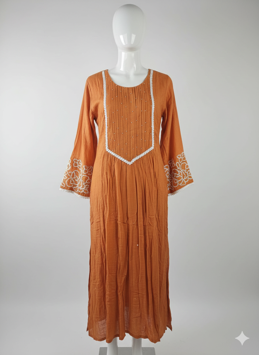 Burnt Orange Pure Mul Chanderi 3-Piece Suit with White Lace Details - product image