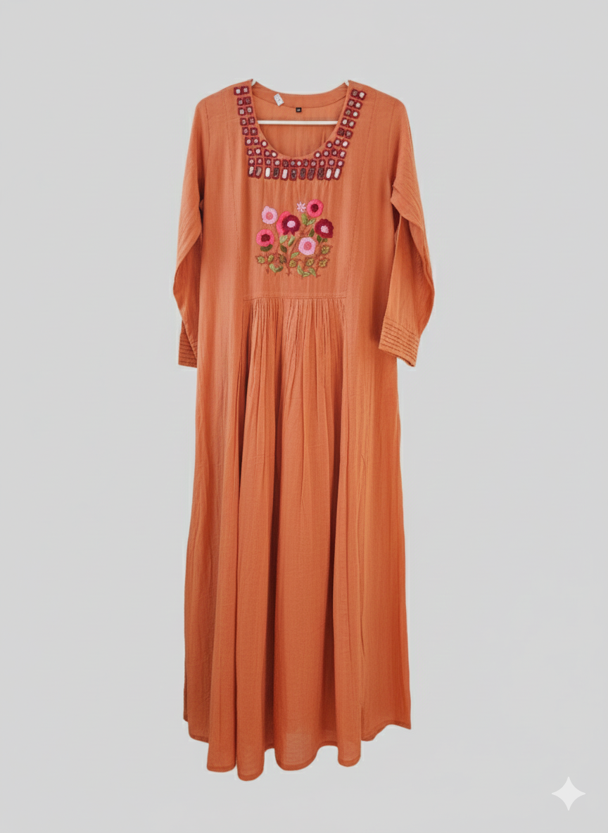 Rustic Orange Pure Mul Cotton Frock with Geometric Neckline & Floral Yoke - product image