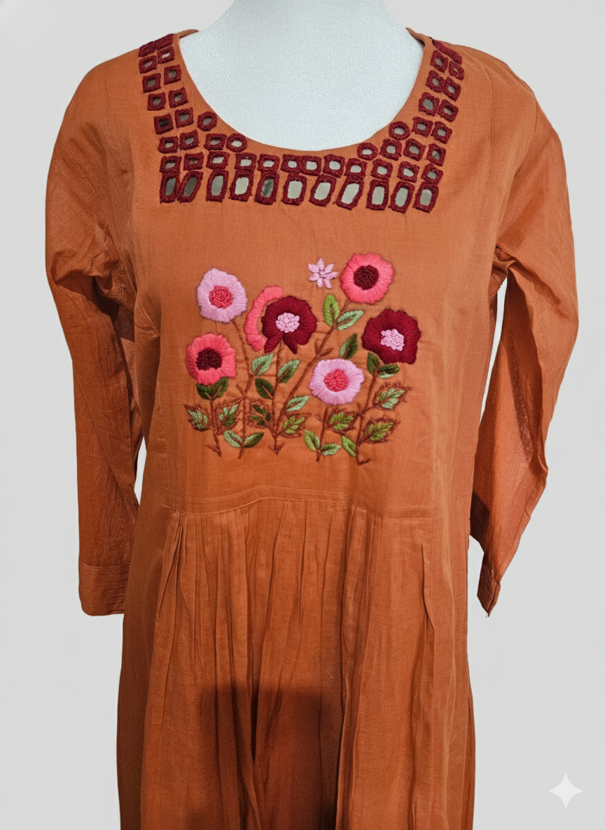 Rustic Orange Pure Mul Cotton Frock with Geometric Neckline & Floral Yoke - product image