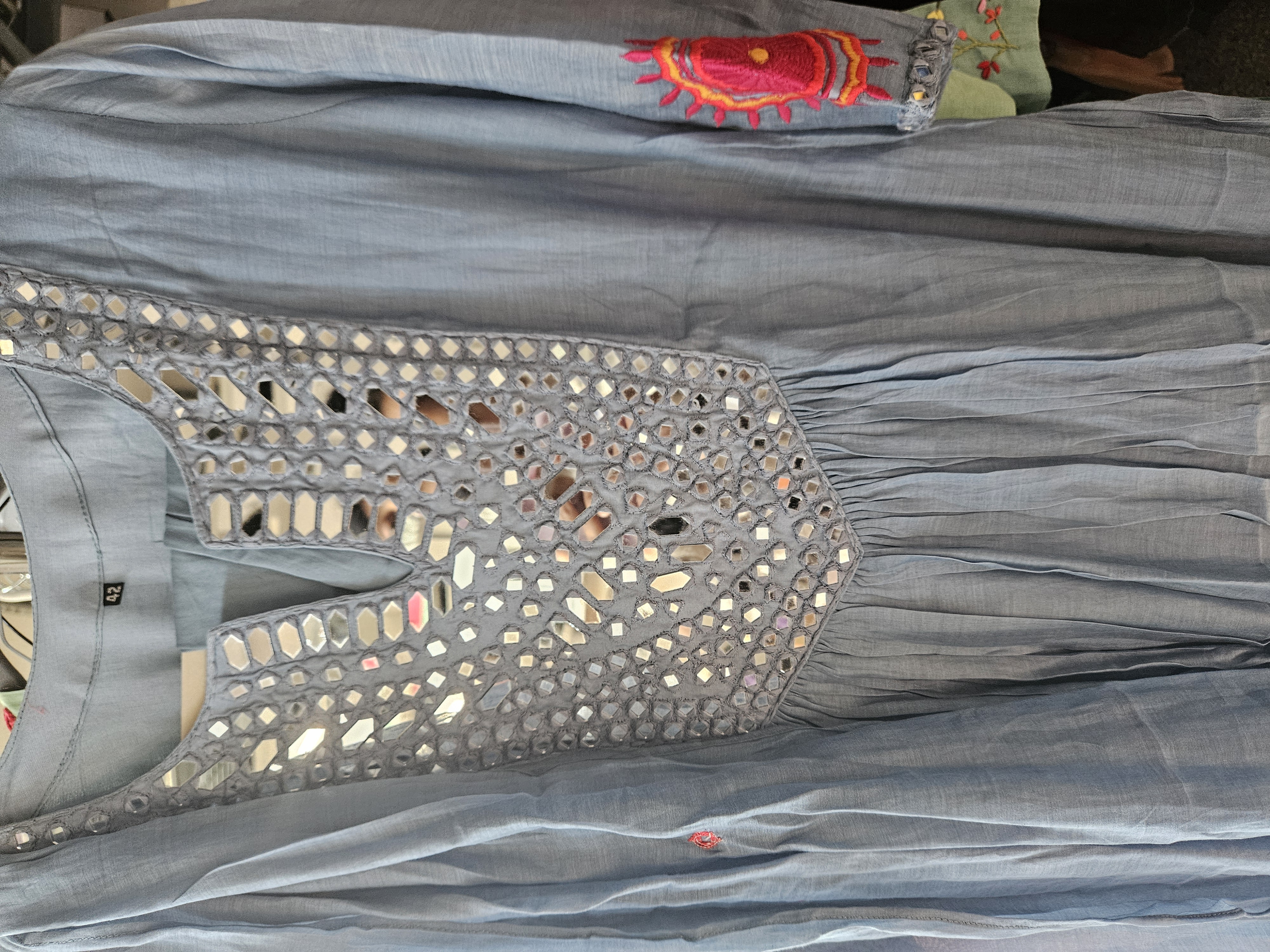 Dusty Blue Mul Chanderi Frock with Mirror Work and Pink Embroidery - product image