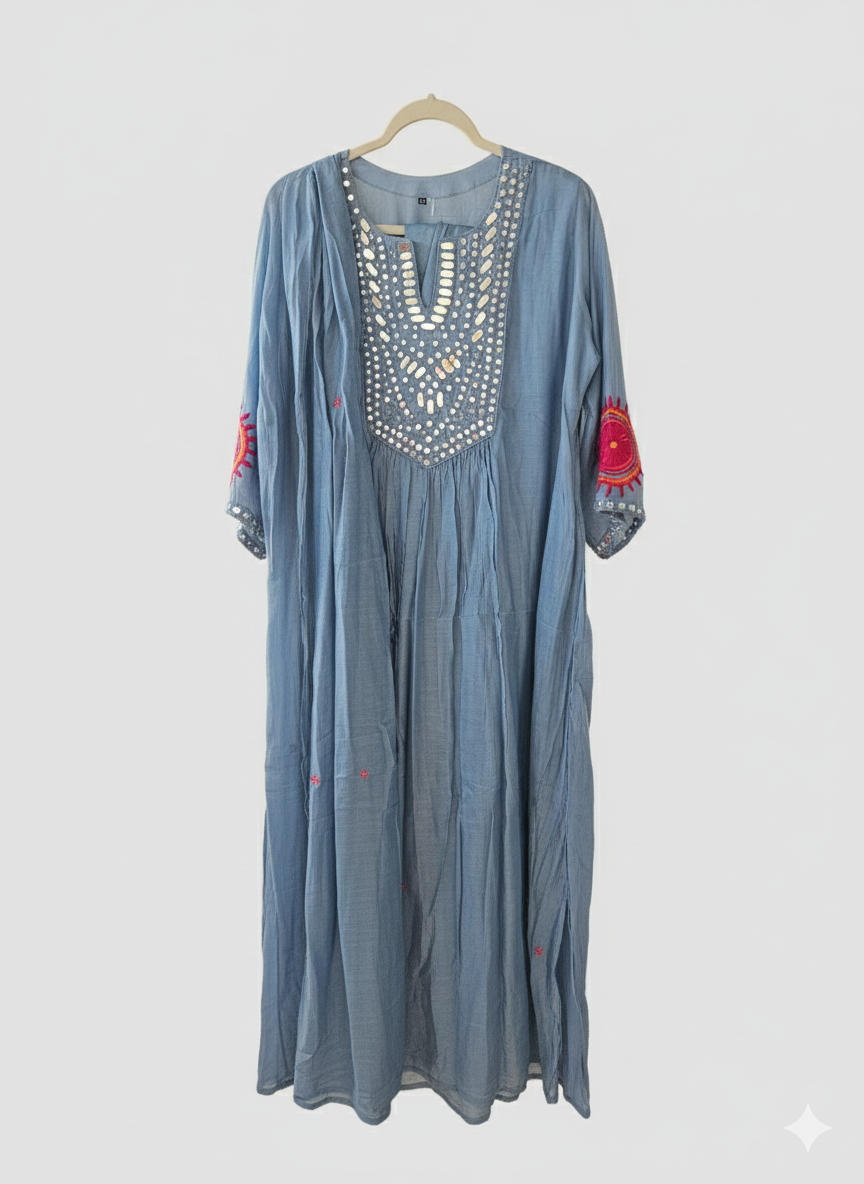 Dusty Blue Mul Chanderi Frock with Mirror Work and Pink Embroidery - product image