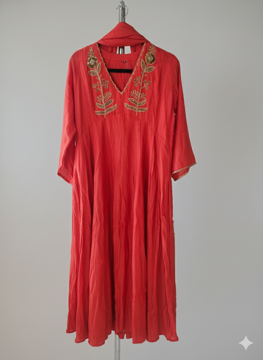 Vibrant Red Mul Chanderi Anarkali with Gold Zari Embroidery & Sheer Dupatta - product image