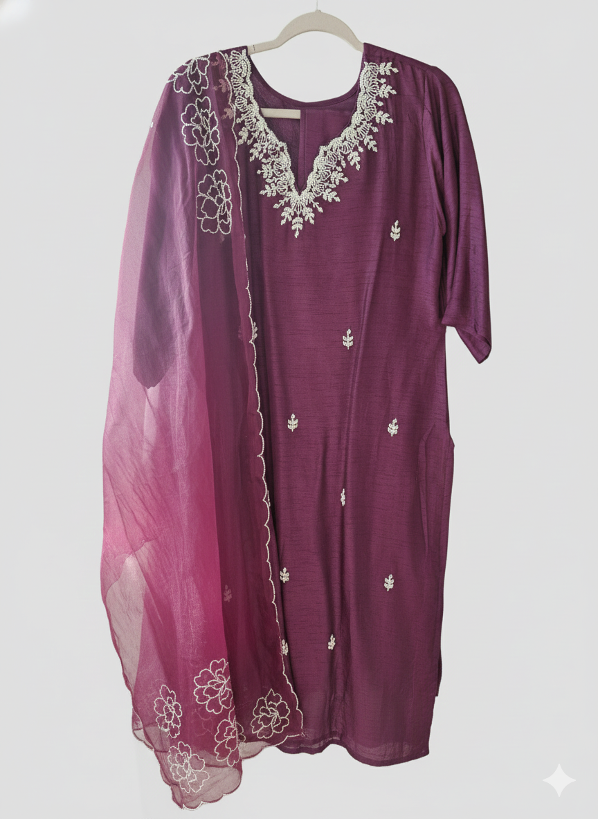 Deep Wine Dola Silk Suit with Embroidered Scalloped Dupatta - product image
