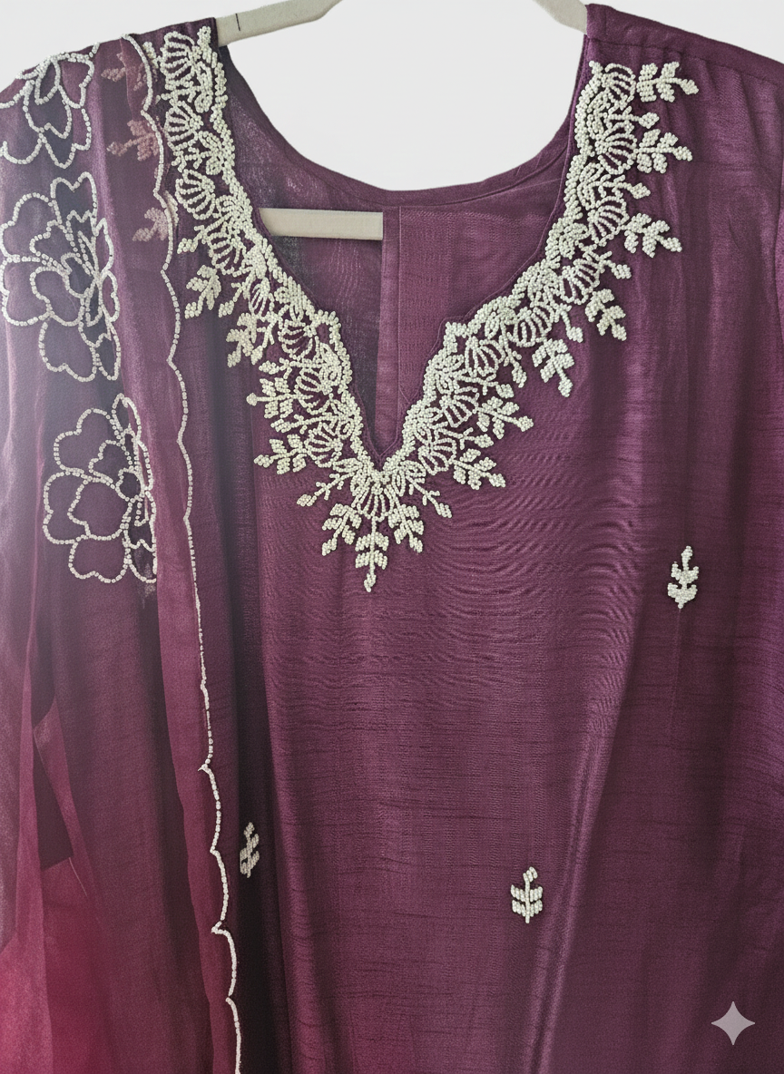 Deep Wine Dola Silk Suit with Embroidered Scalloped Dupatta - product image