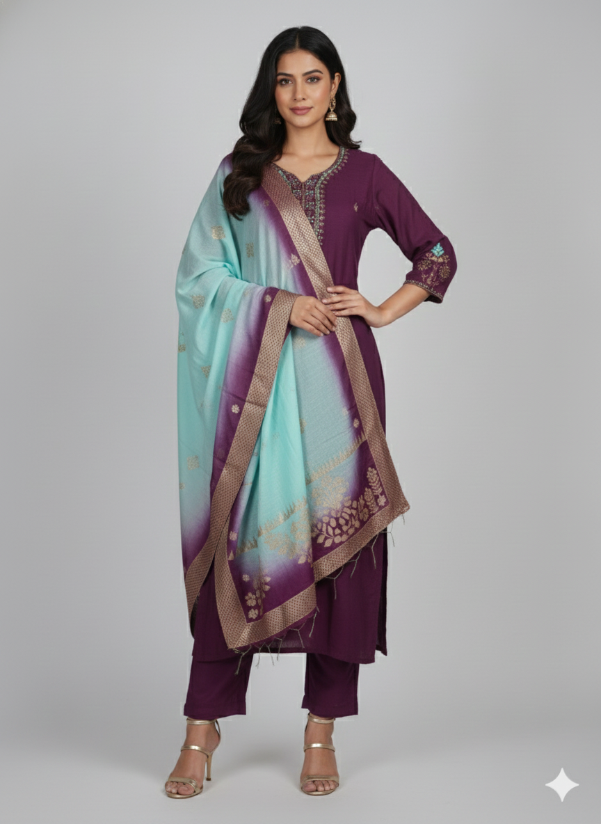 Deep Plum & Teal Handcrafted Dola Silk Suit with Ombre Zari Dupatta - ethnic Indian fashion from Swathi Design
