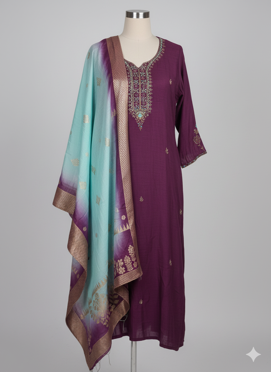 Deep Plum & Teal Pure Dola Silk Suit with Ombre Zari Dupatta - product image
