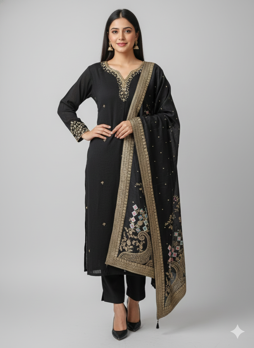 Jet Black Chinon Silk Suit with Gold Zari Dupatta - Wedding Wear