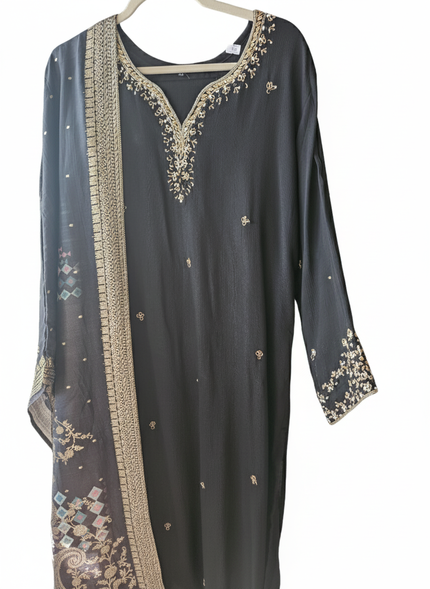 Jet Black Pure Chinon Suit with Gold Zari Embroidered Heritage Dupatta - product image