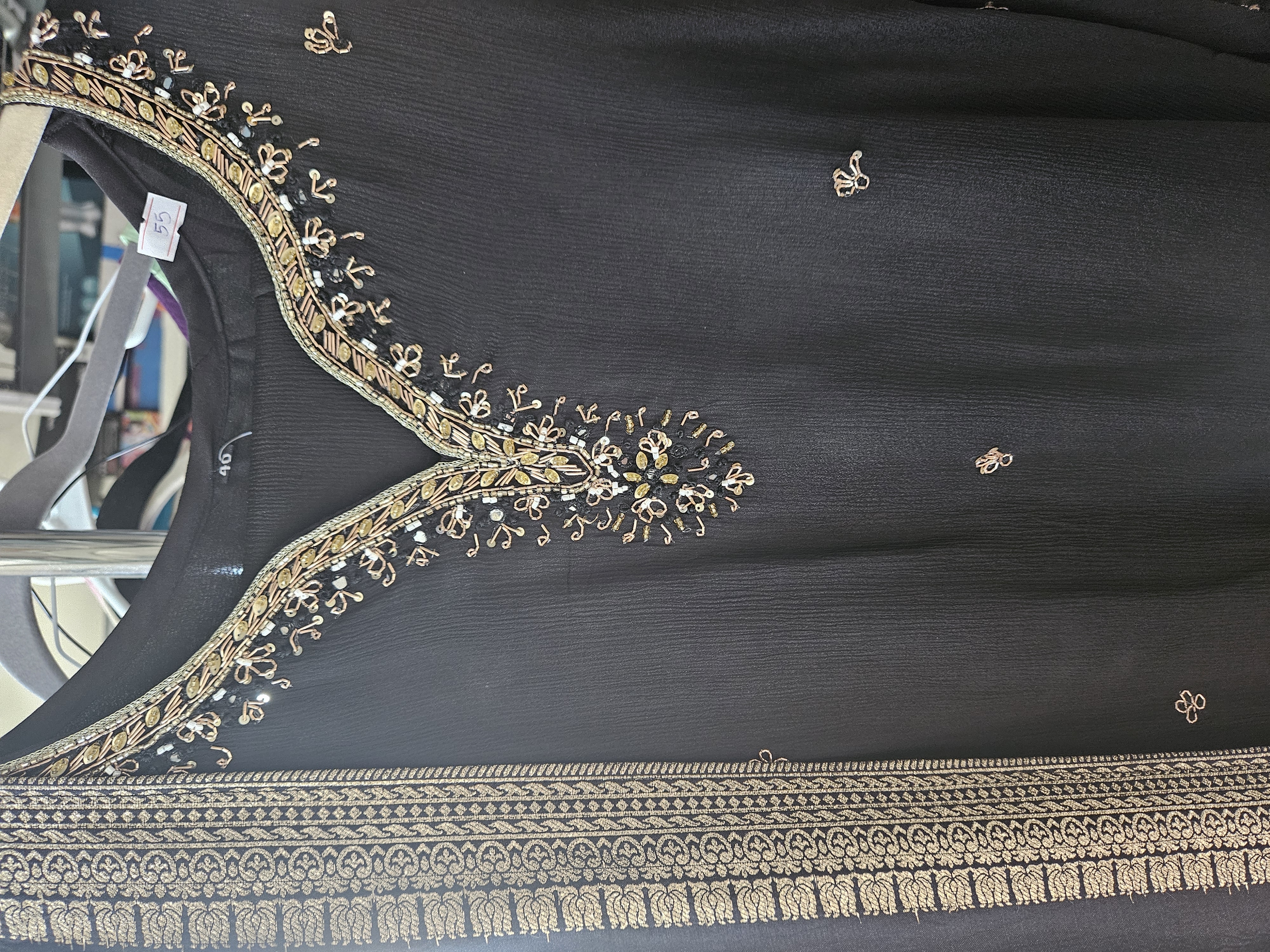 Jet Black Pure Chinon Suit with Gold Zari Embroidered Heritage Dupatta - product image
