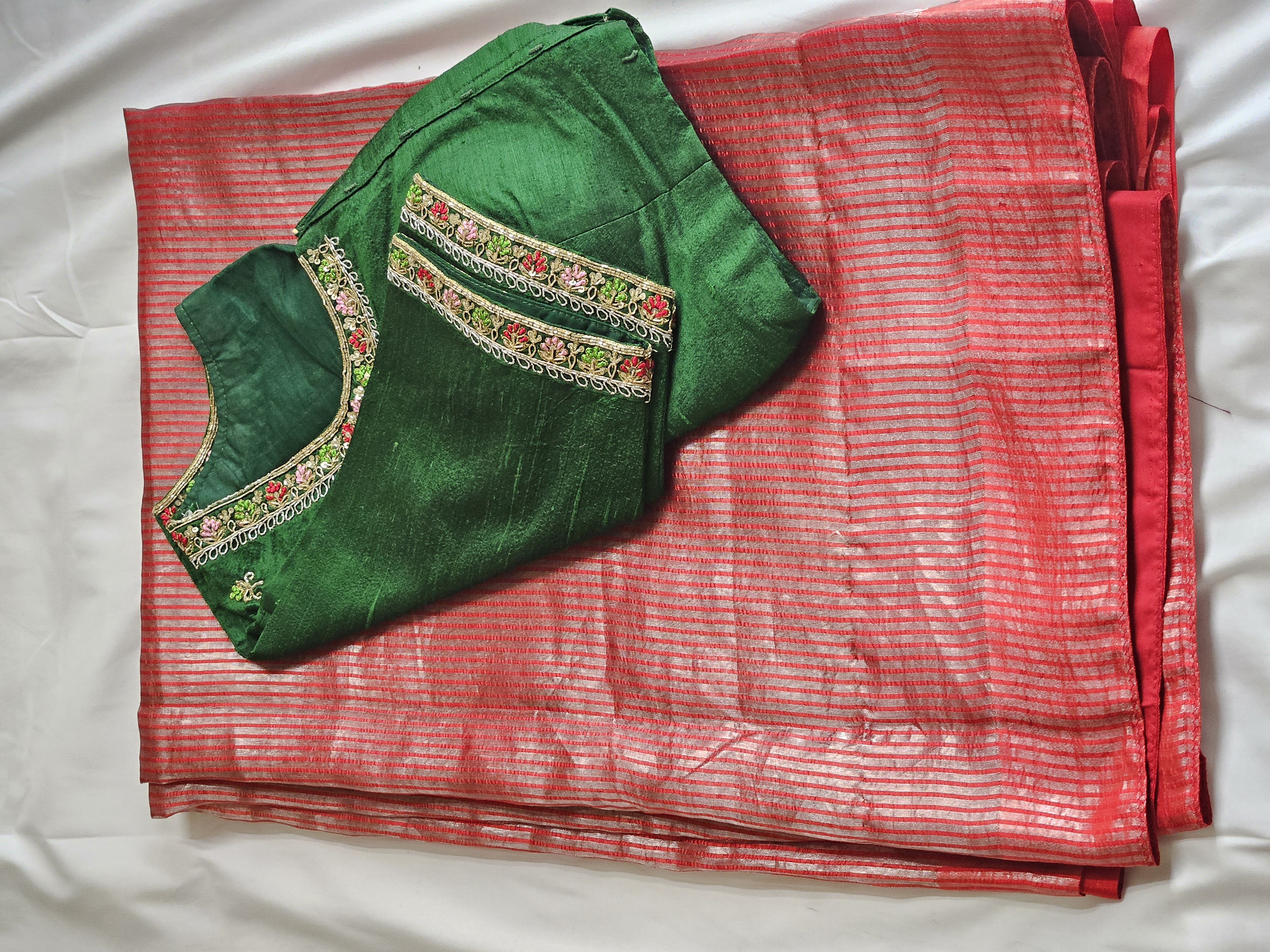 Red Banarasi Tissue Saree with Green Hand-Embroidered Maggam Blouse - product image