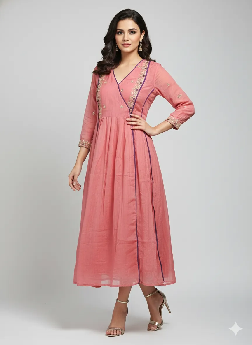 Peach-Pink Mul Chanderi Silk Angrakha Dress with Gold Zari Embroidery - ethnic Indian fashion from Swathi Design