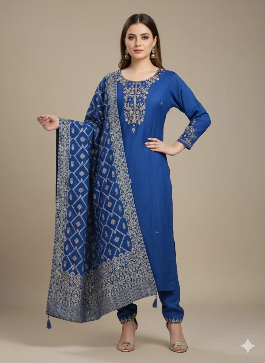 Royal Blue Dola Silk Suit with Zari Embroidery & Heritage Dupatta - Image 1
