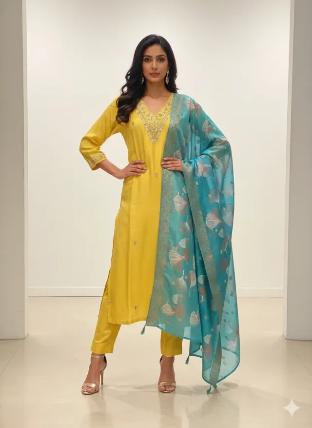 Yellow Pure Dola Silk Suit with Embroidered Kurta & Teal Contrast Dupatta - product image