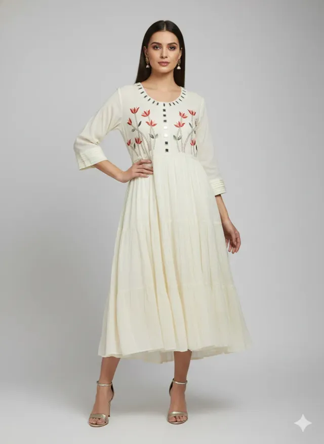 Serene Cream Mul Cotton Frock with Red Floral Embroidery & Mirror Details - product image