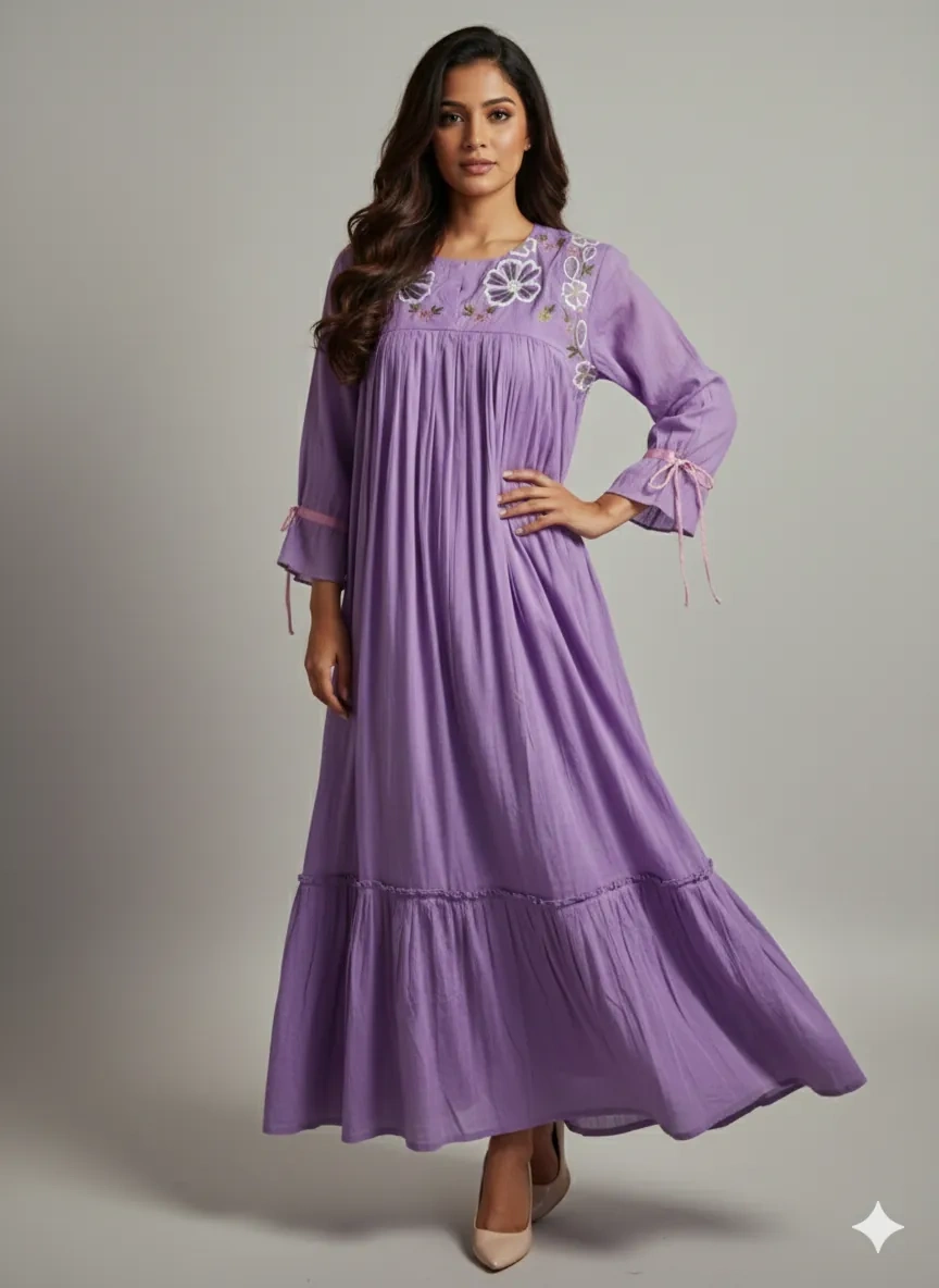 Purple Mul Cotton Frock with Floral Embroidery & Pink Sleeve Ties - Image 1