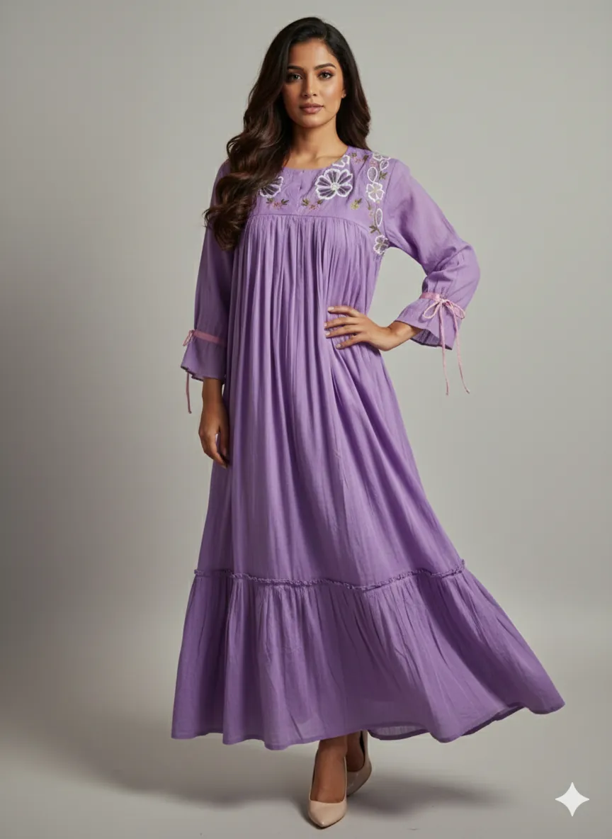 Purple Mul Cotton Frock with Floral Embroidery & Pink Sleeve Ties - ethnic Indian fashion from Swathi Design