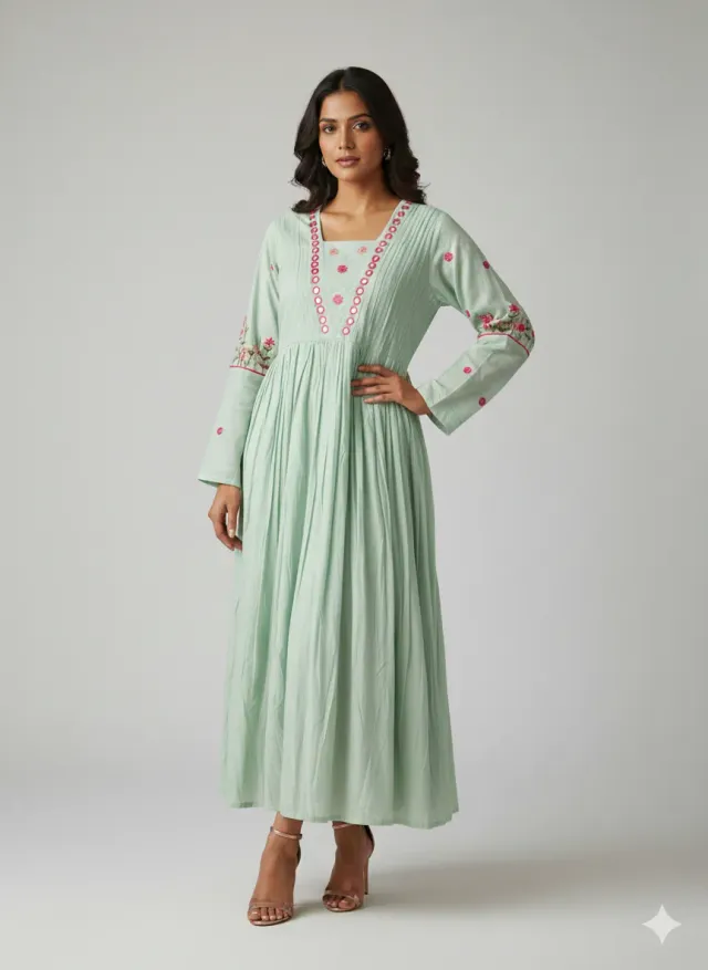 Mint Green Mul Cotton Frock with Mirror Work & Floral Embroidery - product image
