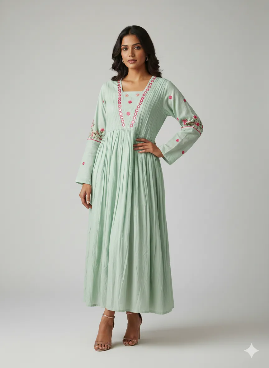 Mint Green Mul Cotton Ethnic Frock with Mirror Embroidery - ethnic Indian fashion from Swathi Design