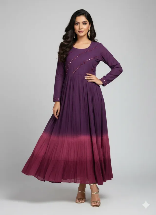 Deep Purple Ombre Mul Cotton Frock with Mirror Work & Ruffle Hemline - product image