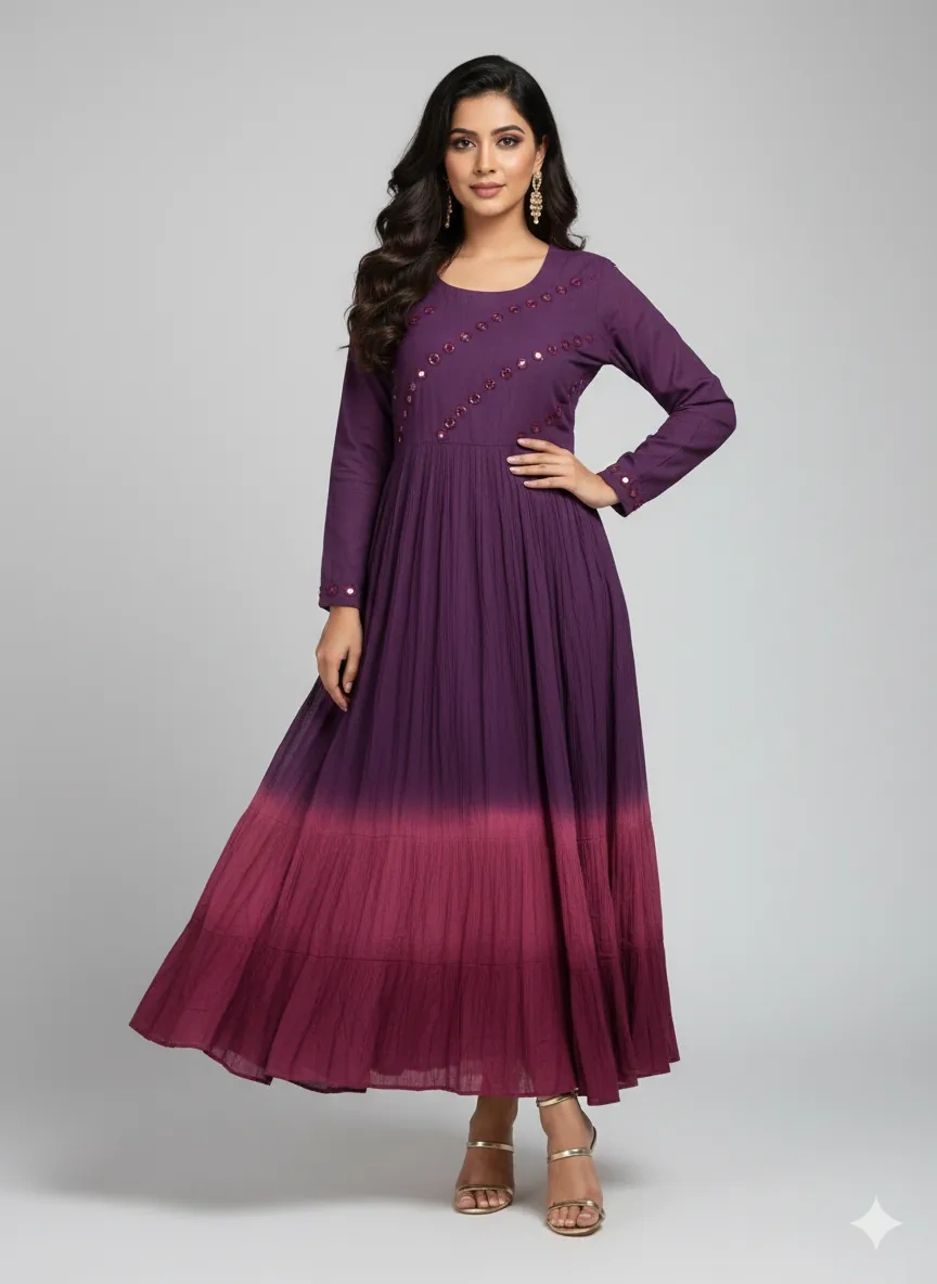 Deep Purple Ombre Mirror Work Mul Cotton Frock with Ruffle Hemline - Image 1