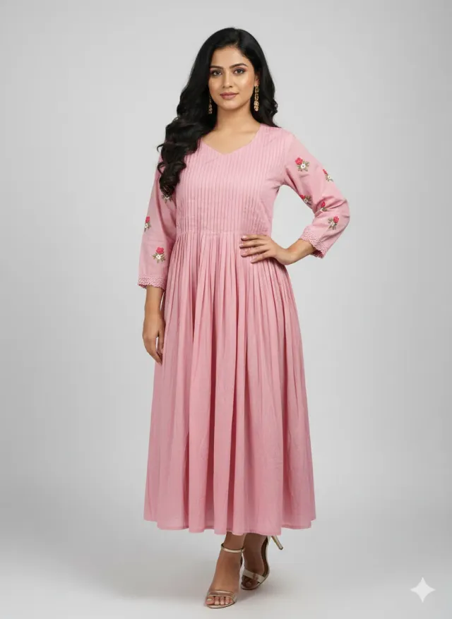 Blush Pink Mul Cotton Frock with Pintuck Yoke & Embroidered Sleeves - product image