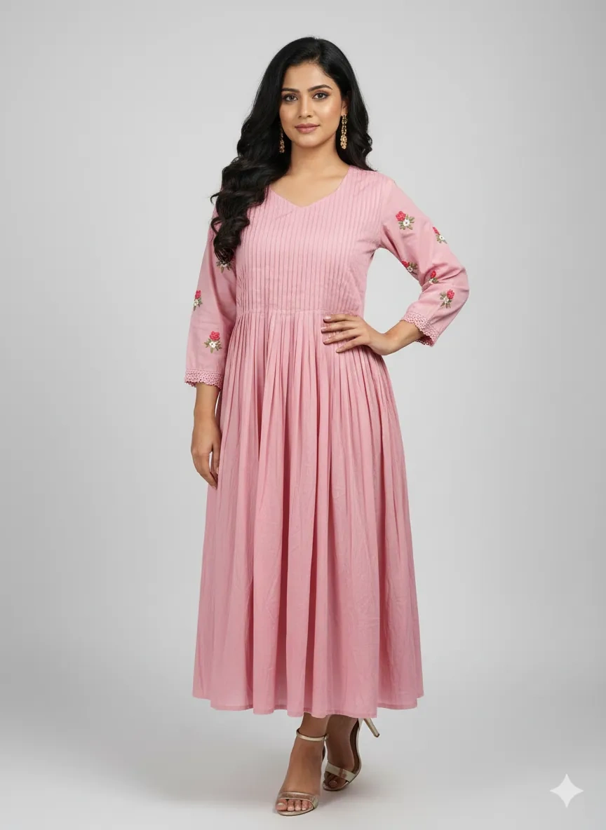 Blush Pink Mul Cotton Ethnic Dress with Floral Embroidery - ethnic Indian fashion from Swathi Design