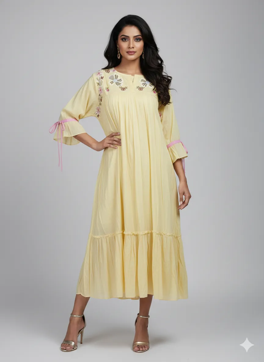 Sunshine Yellow Mul Cotton Dress with Embroidery & Ruffles - ethnic Indian fashion from Swathi Design