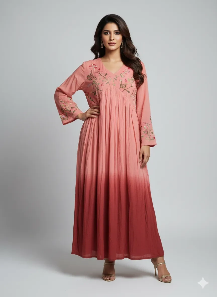 Sunset Ombre Mul Cotton Kurti Set with Embroidered Floral Elegance - Image 1