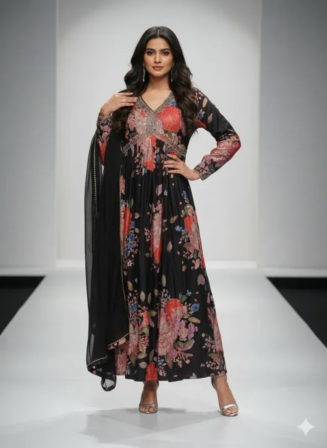Elegant Black Alia Cut Anarkali Gown with Bold Floral Prints & Embroidery - product image