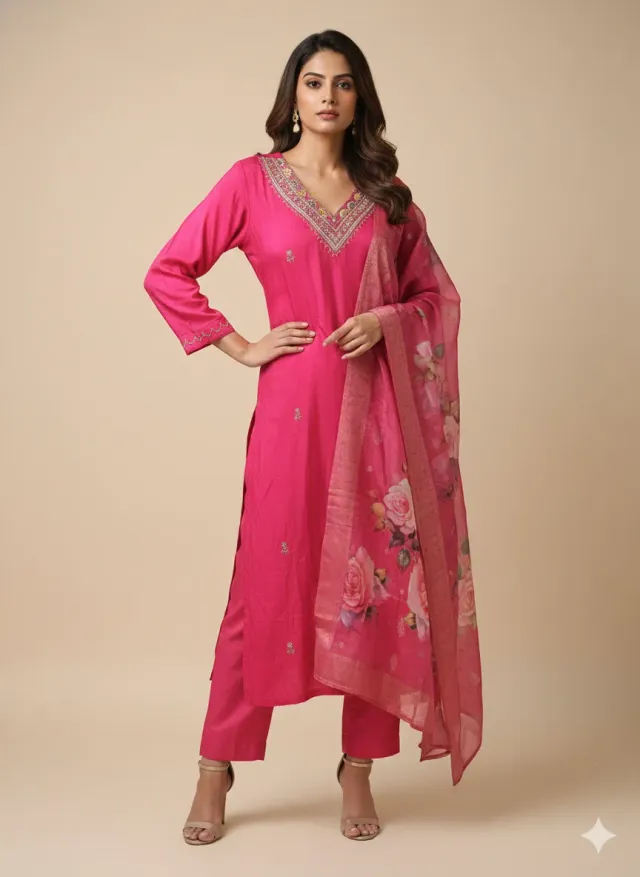 Rani Pink Pure Dola Silk Suit with Embroidered Dupatta for Weddings - product image