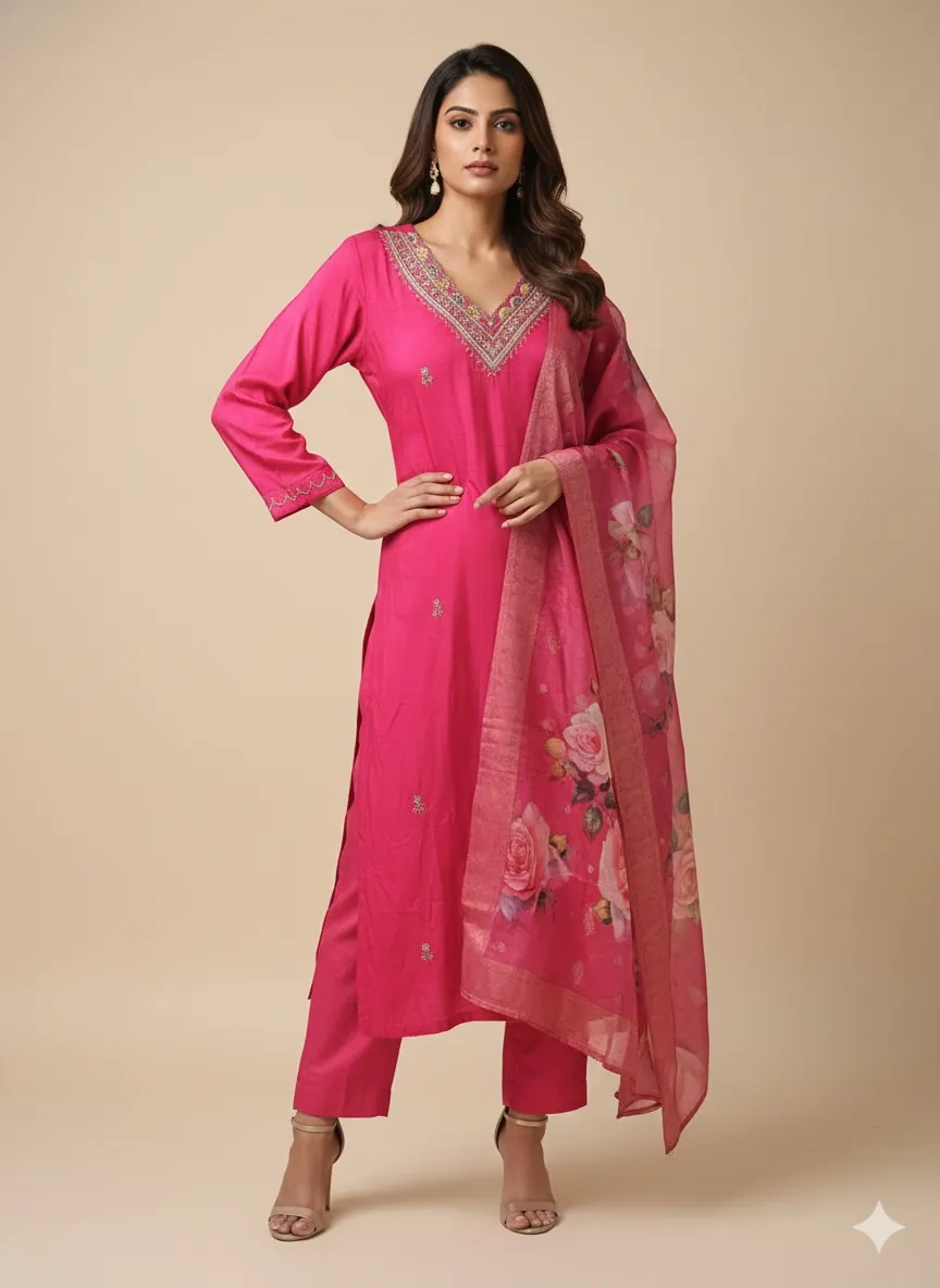 Rani Pink Silk Wedding Suit with Embroidered Dupatta & Zari Work - Image 1