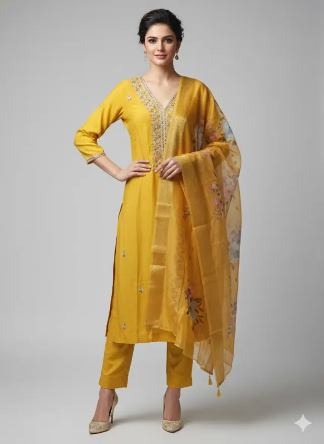 Radiant Mustard Yellow Muslin Suit with Zari Floral Dupatta for Festive Elegance - product image