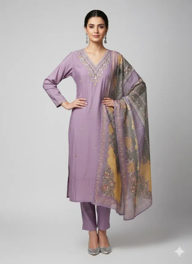 Lavender Muslin Suit with Embroidered Kurta & Floral Digital Print Dupatta - product image