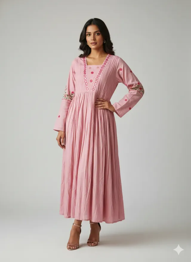 Blush Pink Mul Cotton Frock with Mirror Work & Embroidery Details - product image