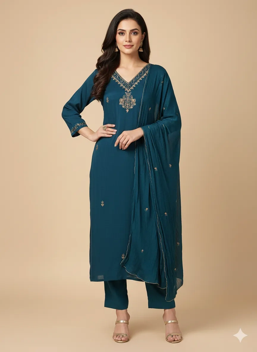 Deep Teal Anarkali Gown - Gold Zari Embroidered Indian Wedding Saree Dress - Image 1