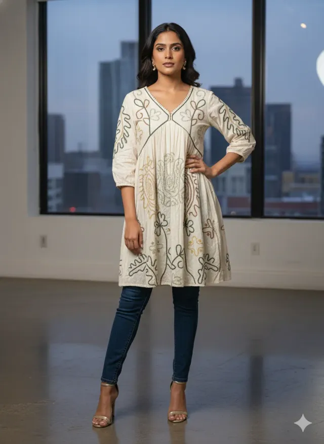 Artisanal Cream Cotton Tunic with Earthy Embroidery & Lace Trim - product image