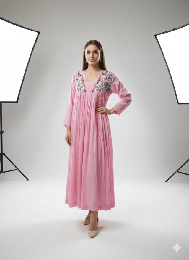 Blush Pink Mul Cotton Frock with Charcoal Grey Floral Embroidery - product image