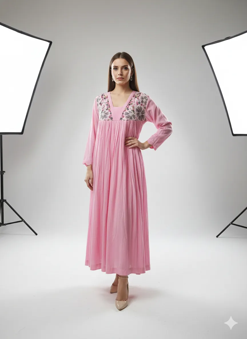 Blush Pink Mul Cotton Midi Dress with Charcoal Grey Embroidery - ethnic Indian fashion from Swathi Design