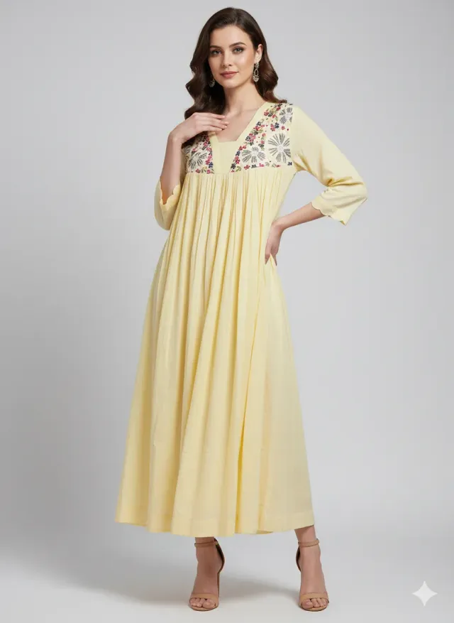 Lemon Yellow Mul Cotton Frock with Embroidered Floral Yoke & Scalloped Sleeves - product image