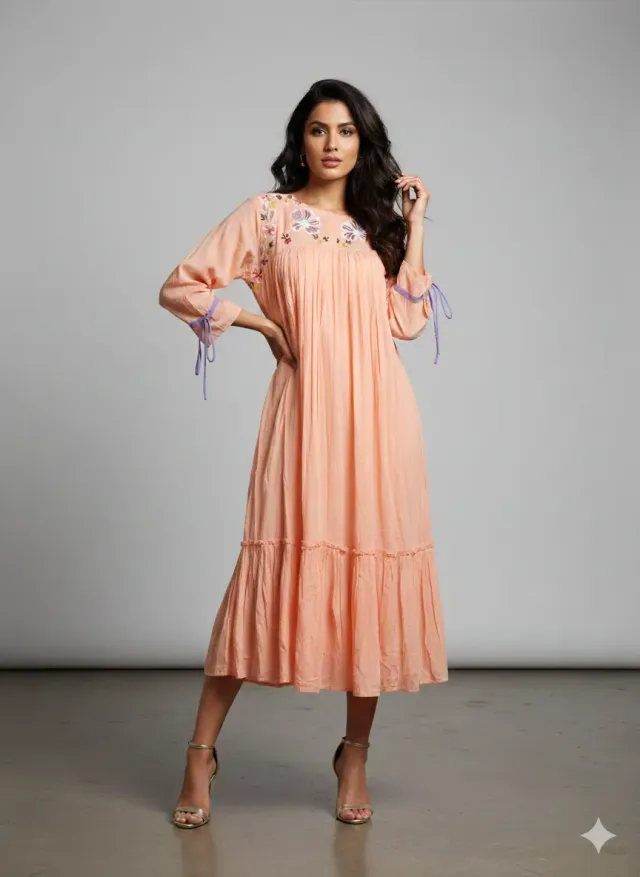 Peach Pure Mul Cotton Frock with Floral Embroidery & Tie-Up Sleeves - product image