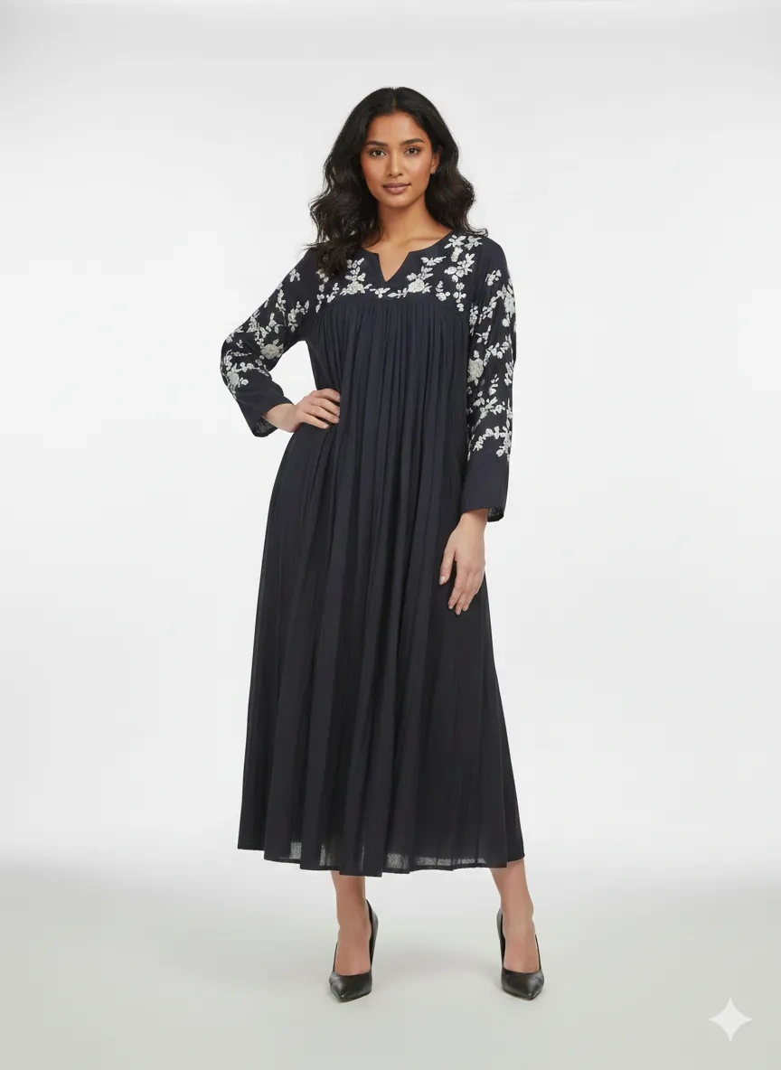Midnight Black Mul Cotton Frock with White Floral Embroidery - Image 1
