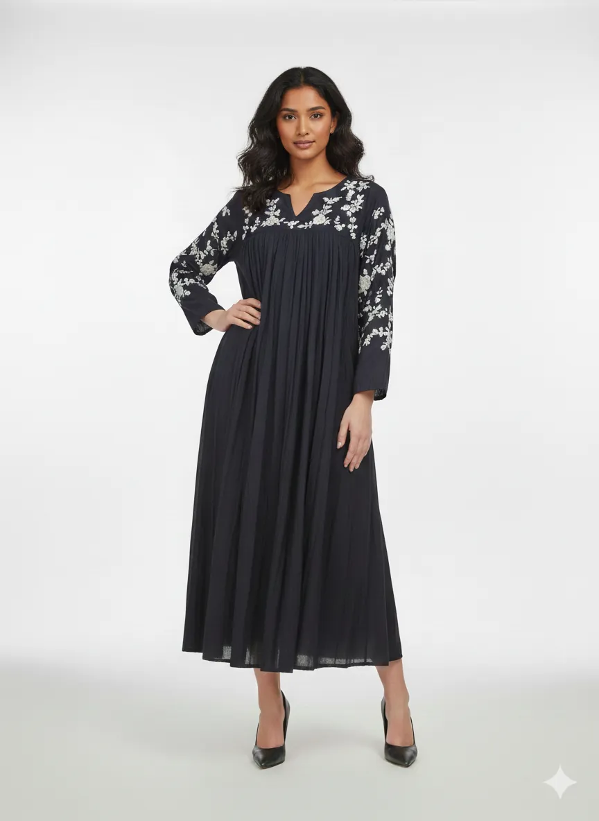 Midnight Black Mul Cotton Frock with White Floral Embroidery - ethnic Indian fashion from Swathi Design