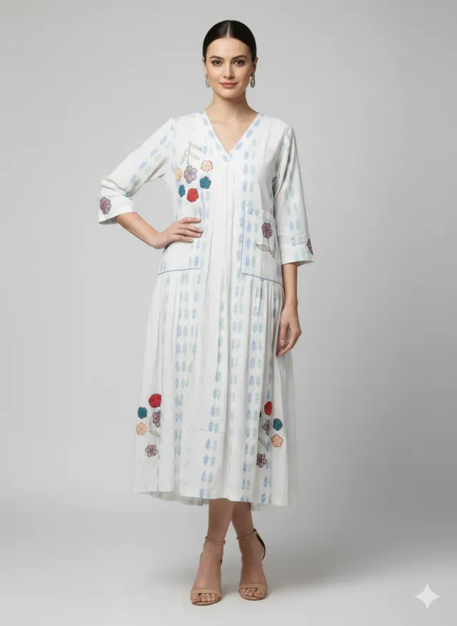 White Mul Cotton Frock with Embroidered Florals & Block Prints - product image