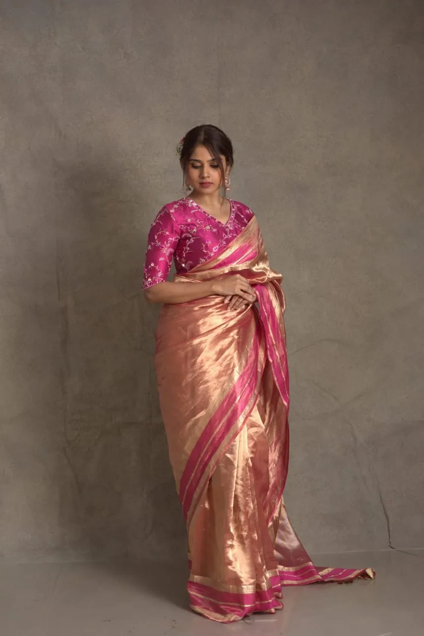 Handwoven Pure Banarasi Tissue Saree with Radiant Golden Zari Work - Image 1