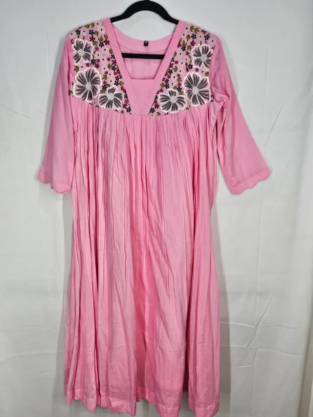 Blush Pink Mul Cotton Frock with Charcoal Grey Floral Embroidery - product image